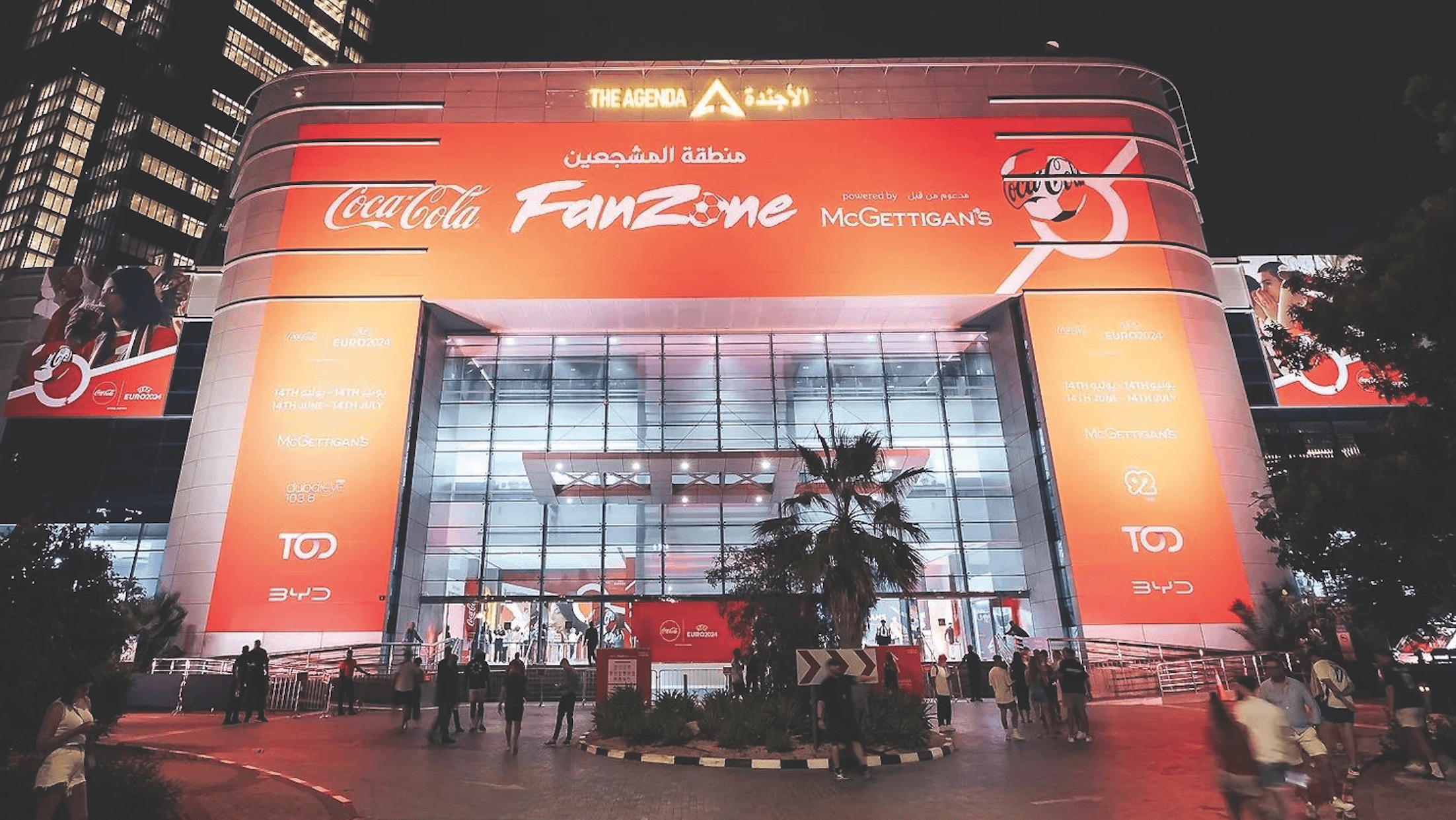 The BYD sponsor logo lit up at the Euro 2024 Fan Zone.