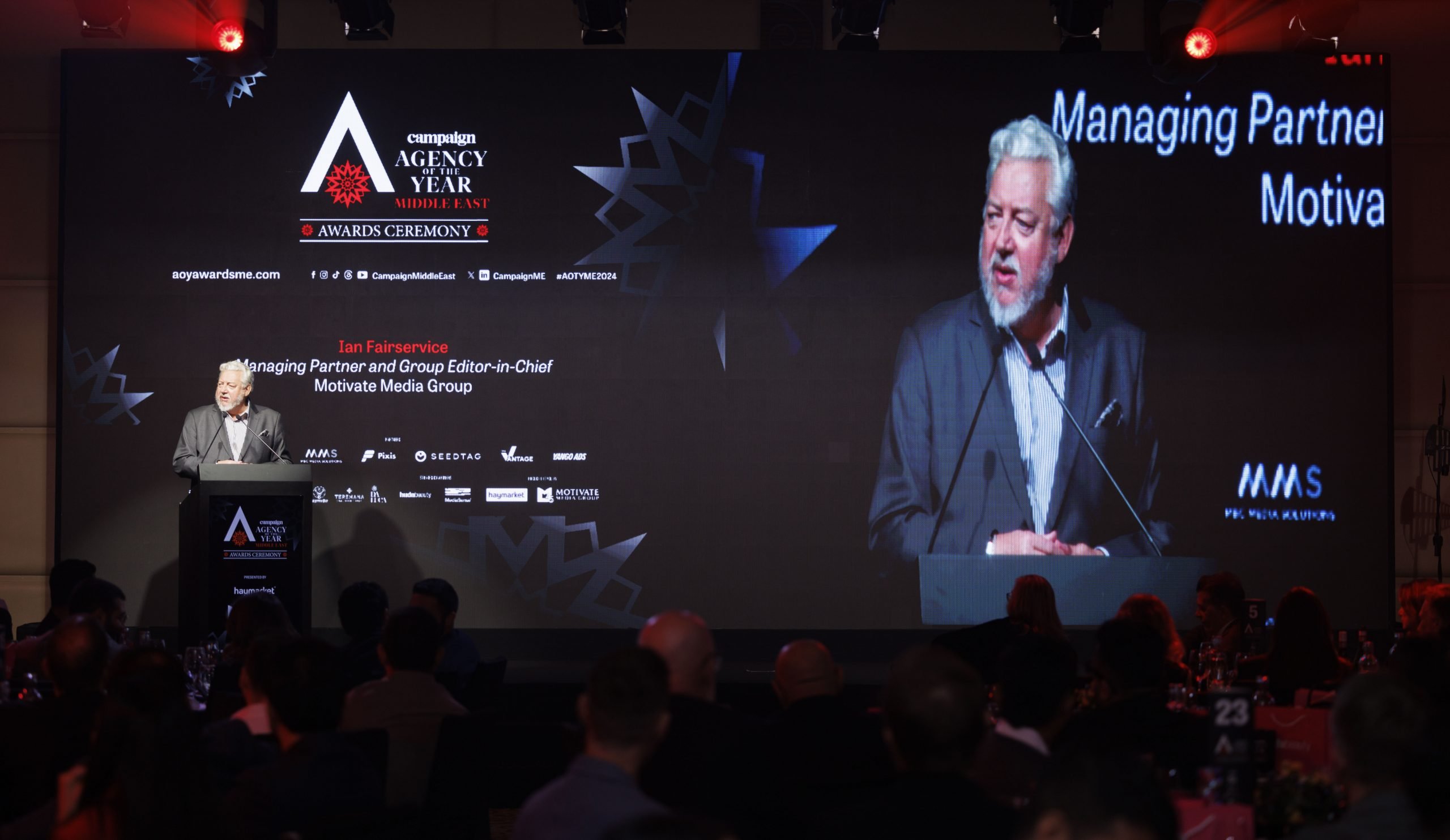 Ian Fairservice, Managing Partner and Group Editor-in-Chief of Motivate Media Group, delivers the welcome address at the Agency of the Year Middle East awards 2024.