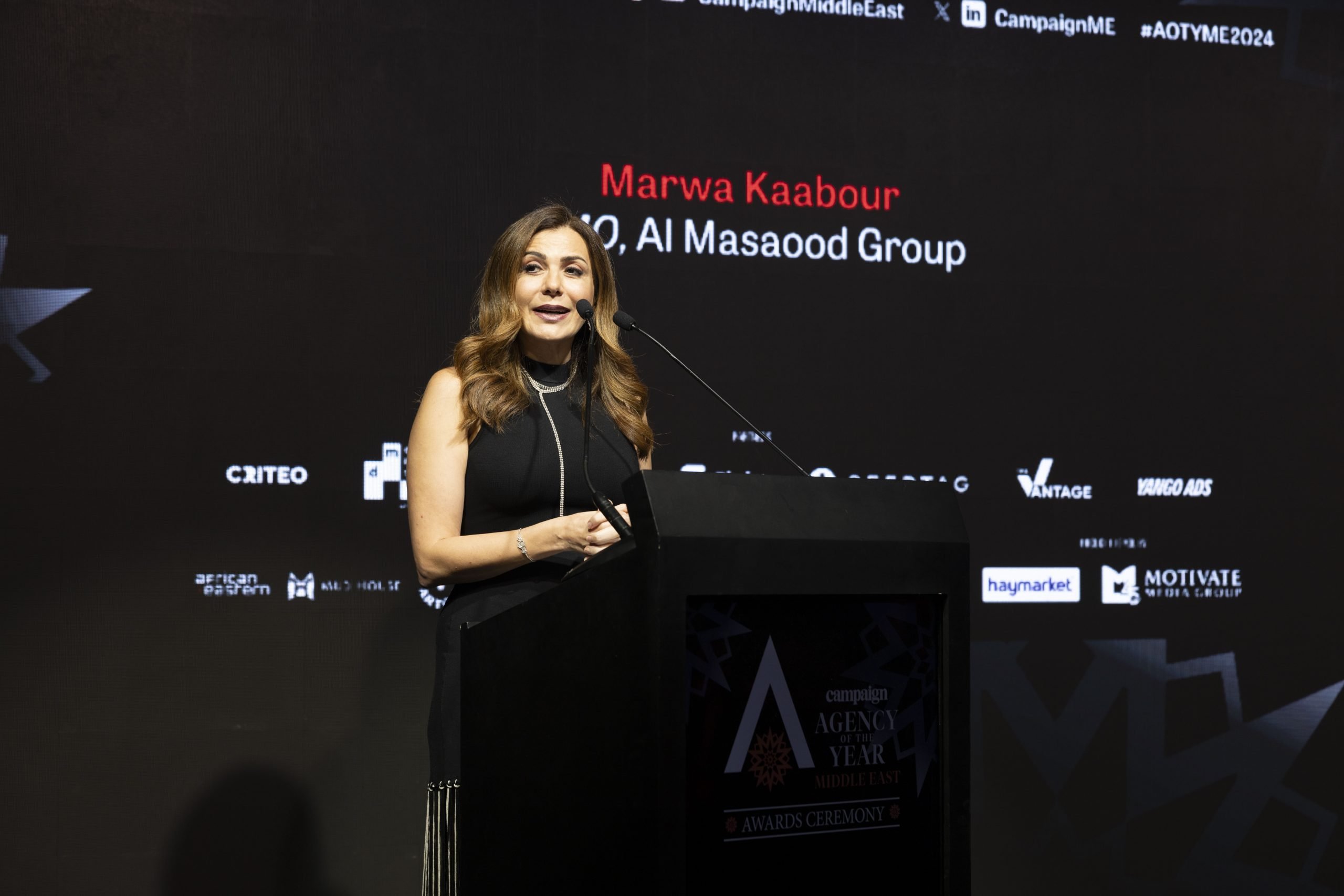 Chair of judges Marwa Kaabour, Chief Marketing Officer at Al Masaood Group delivers the Chair’s address at the awards.