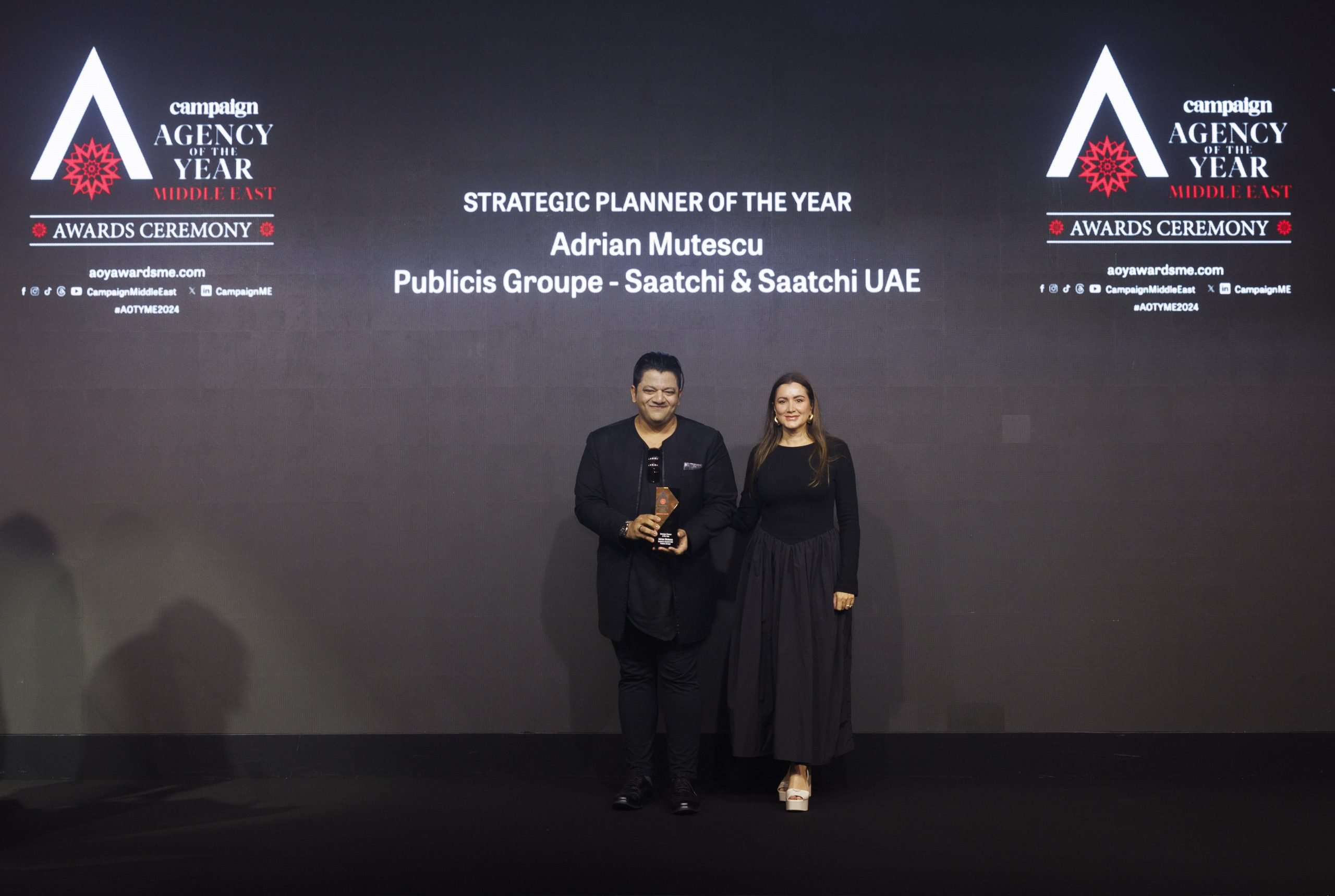 Adrian Mutescu of Saatchi & Saatchi UAE from Publicis Groupe was awarded the Strategic Planner of the Year trophy, which was picked up on his behalf by Tahaab Rais and handed over by Marie-Capucine Maloy, Global Senior Director of Communications at Huda Beauty.