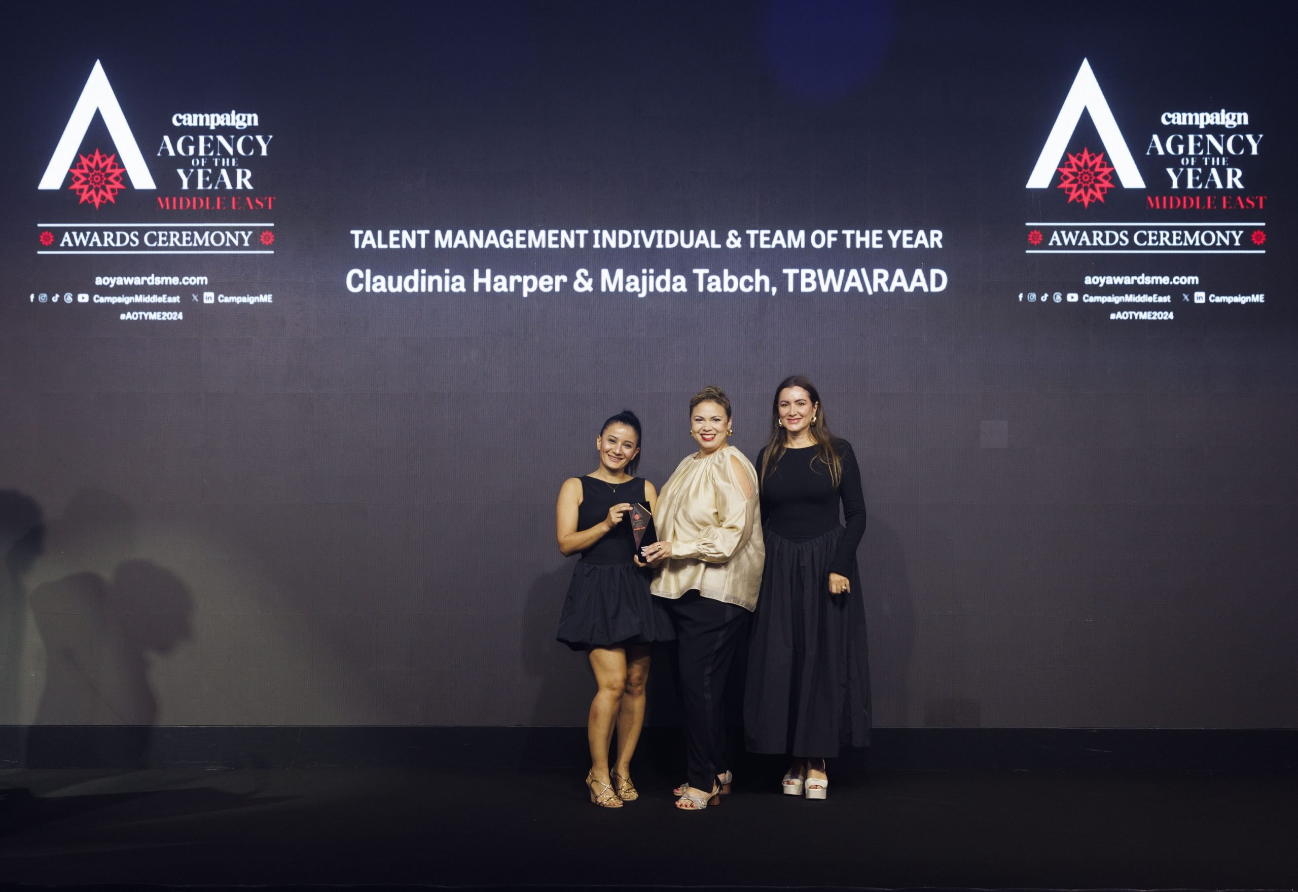 Claudinia Harper and Majida Tabch from TBWA\RAAD held the Talent Management Individual & Team of the Year award handed over by a member of the awards jury, Marie-Capucine Maloy, Global Senior Director of Communications at Huda Beauty.