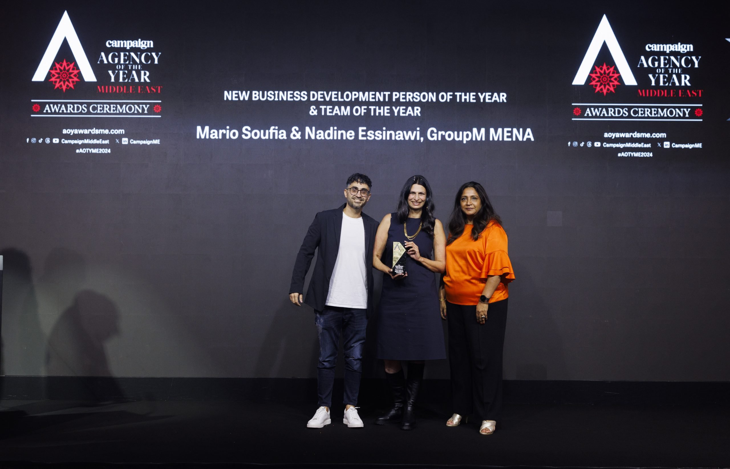 Anamika Priyadarshi, Group Head of Marketing and Corporate Communications at Jashanmal Group, recognised Mario Soufia and Nadine Essinawi from GroupM MENA with the New Business Development Person and Team of the Year award.