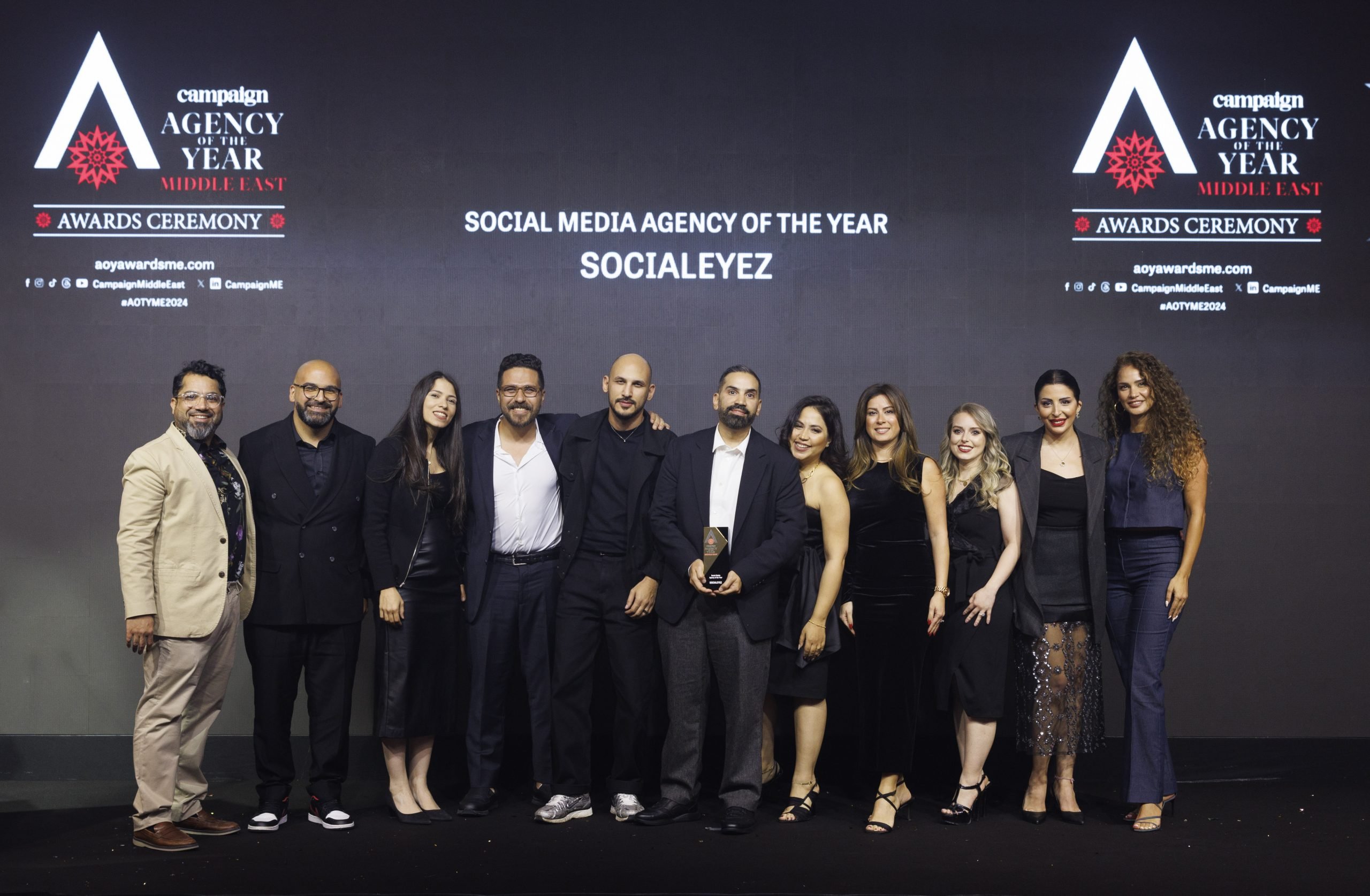 SOCIALEYEZ was named Social Media Agency of the Year, with Nadeem Quraishi, Publisher at Campaign Middle East, presenting the award.