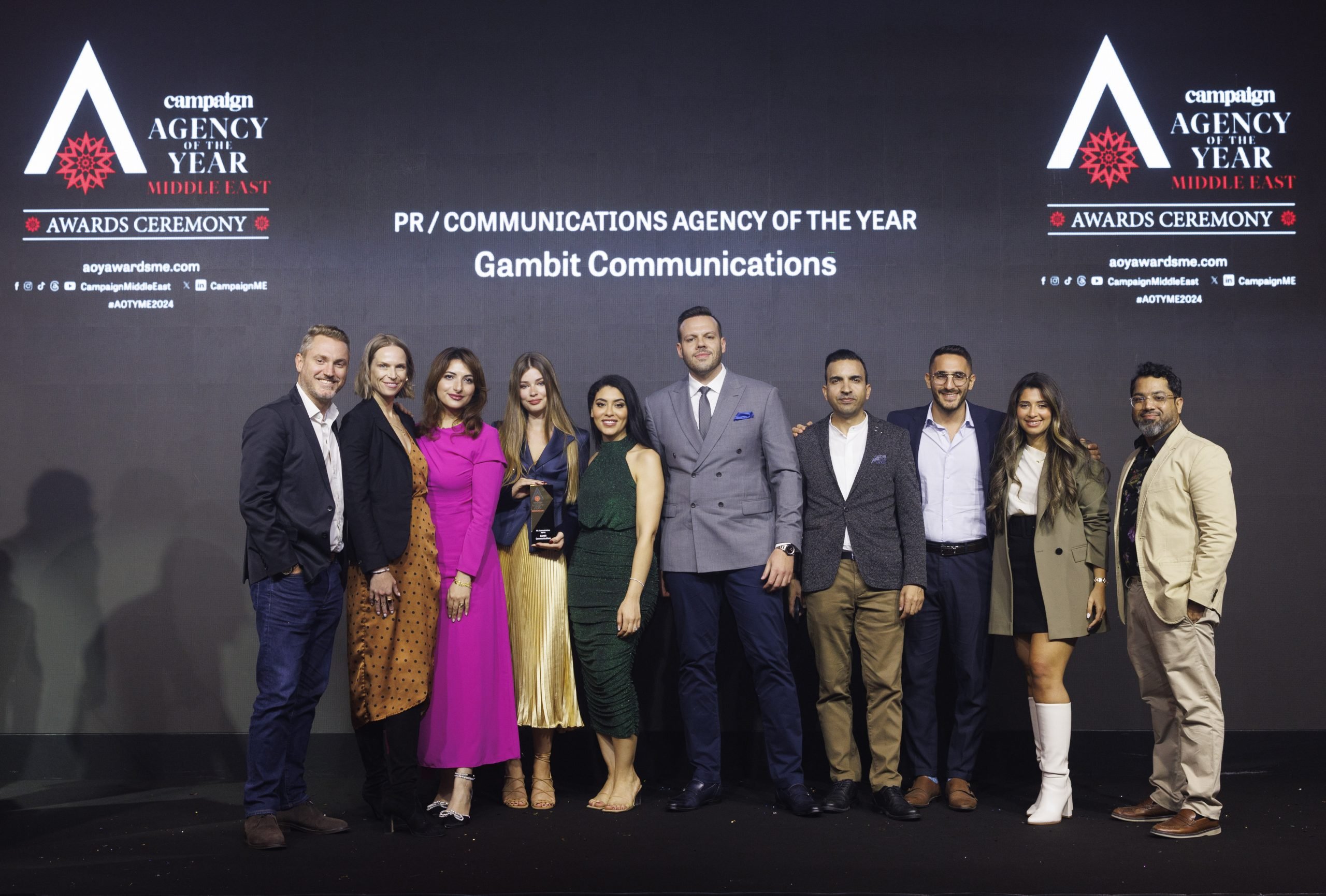 Nadeem Quraishi, Publisher at Campaign Middle East, handed over the PR /Communications Agency of the Year trophy to Gambit Communications.