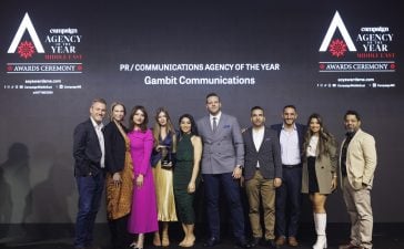 Nadeem Quraishi, Publisher at Campaign Middle East, handed over the PR /Communications Agency of the Year trophy to Gambit Communications.