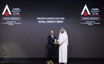 Ali Rez of Impact BBDO received the Creative Leader of the Year award from Khaled AlShehhi, Executive Director of Marketing and Communication at the UAE Government Media Office.