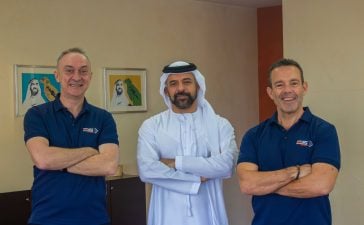 From left, Alan Holt, Group Managing Director; H.E. Sheikh Mohamed bin Saif Al Nahyan, Chairman; and Paul McSorley, Group Financial Director, ES Sport.