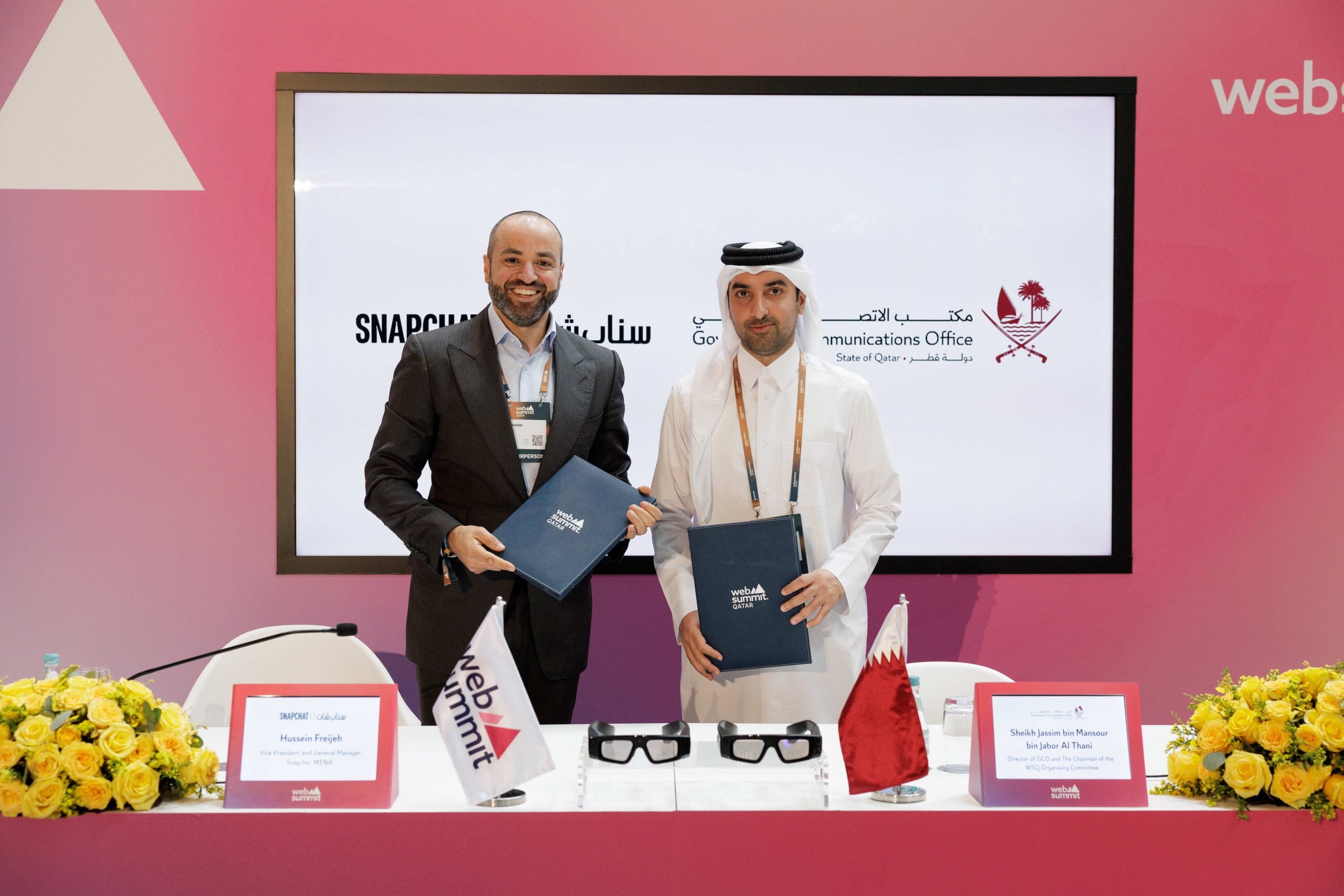 From left, Hussein Freijeh, General Manager of Snap Inc, and Sheikh Jassim bin Mansour bin Jabor Al Thani, Director of the GCO and Chairman of the Permanent Web Summit Organising Commitee sign an MoU for the Augmented Reality AR Academy