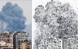 From left, photograph by Elias Diab which was censored by social media algorithms, compared with an illustration by artist Keira Rathbone highlighting the reality of war by solely using letters and symbols typed on a typewriter, which escape automated social media censorship filters.