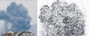 From left, photograph by Elias Diab which was censored by social media algorithms, compared with an illustration by artist Keira Rathbone highlighting the reality of war by solely using letters and symbols typed on a typewriter, which escape automated social media censorship filters.