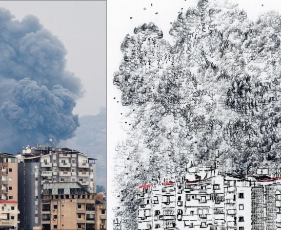 From left, photograph by Elias Diab which was censored by social media algorithms, compared with an illustration by artist Keira Rathbone highlighting the reality of war by solely using letters and symbols typed on a typewriter, which escape automated social media censorship filters.