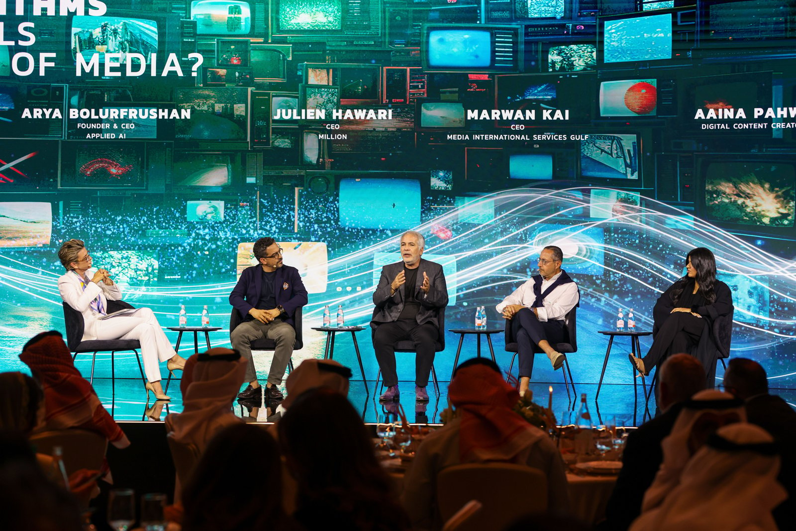 From left, Becky Anderson, Journalist and Anchor at CNN; Arya Bolurfrushan, Founder & CEO, Applied AI; Julien Hawari, CEO of Million; Marwan Kai, CEO of Media International Services Gulf; and Aaina Pahwa, Digital Content Creator. BRIDGE Summit