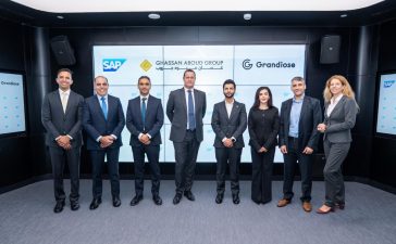 From left, Hisham Mansour, Senior Account Executive, SAP; Marwan Zeineddine, Managing Director, UAE, SAP; David Wilkinson, Director of Portfolio & Project Management, Ghassan Aboud Group; Olivier Leblan, Chief Digital & Technology Officer, Ghassan Aboud Group; Mussaab Aboud, CEO Food Division, Grandiose Supermarket; Joud Aboud, Executive Vice President of Strategy & Corporate Affairs, Ghassan Aboud Group; Ahmad Aboud, Group CFO, Ghassan Aboud Group; Nicole Deumens, CMO, Ghassan Aboud Group.