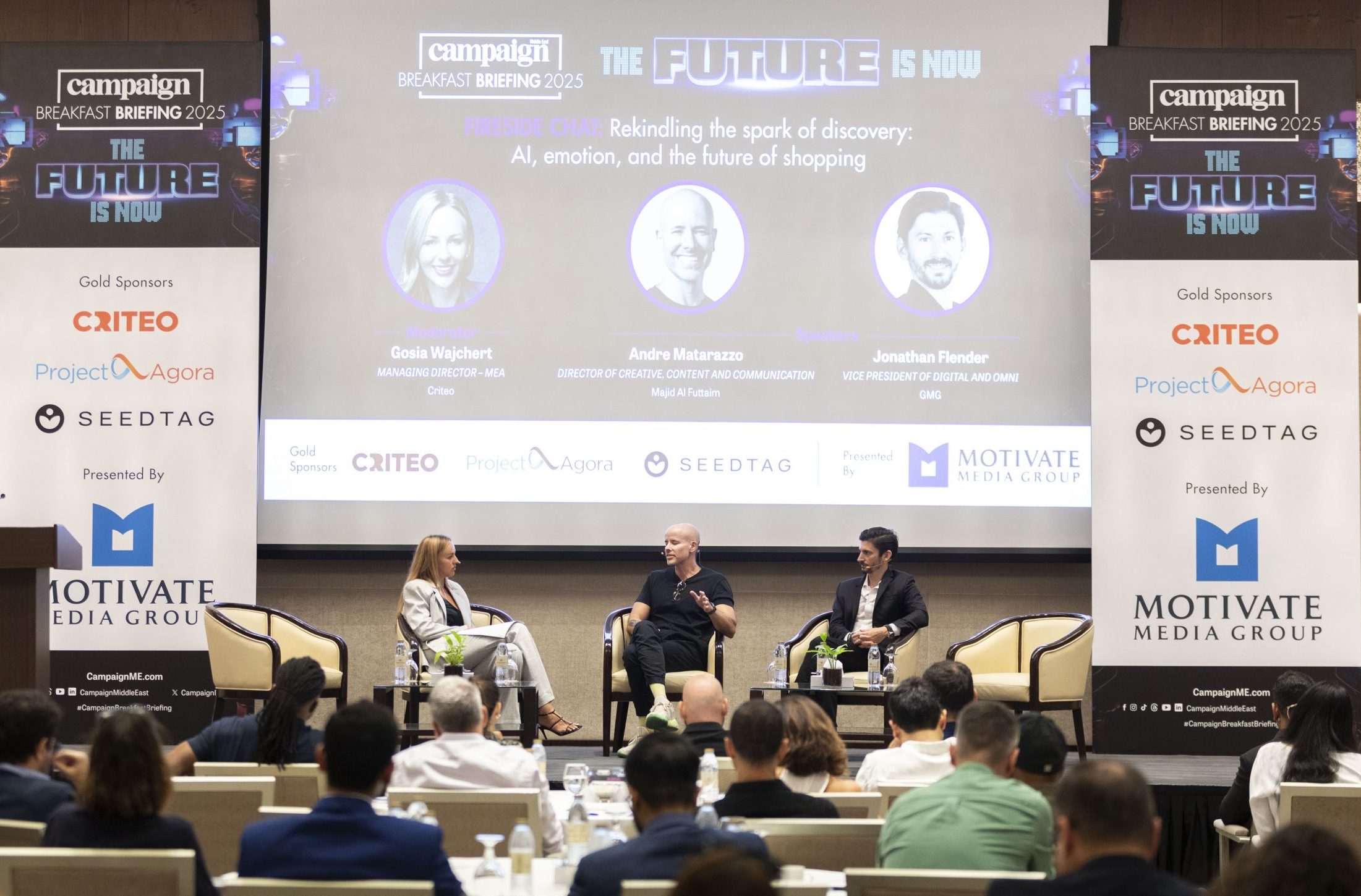 From left, Gosia Wajchert, Managing Director – MEA, Criteo; Andre Matarazzo, Director of Creative, Content and Communication, Majid Al Futtaim; and Jonathan Flender, Vice President of Digital and Omni, GMG.