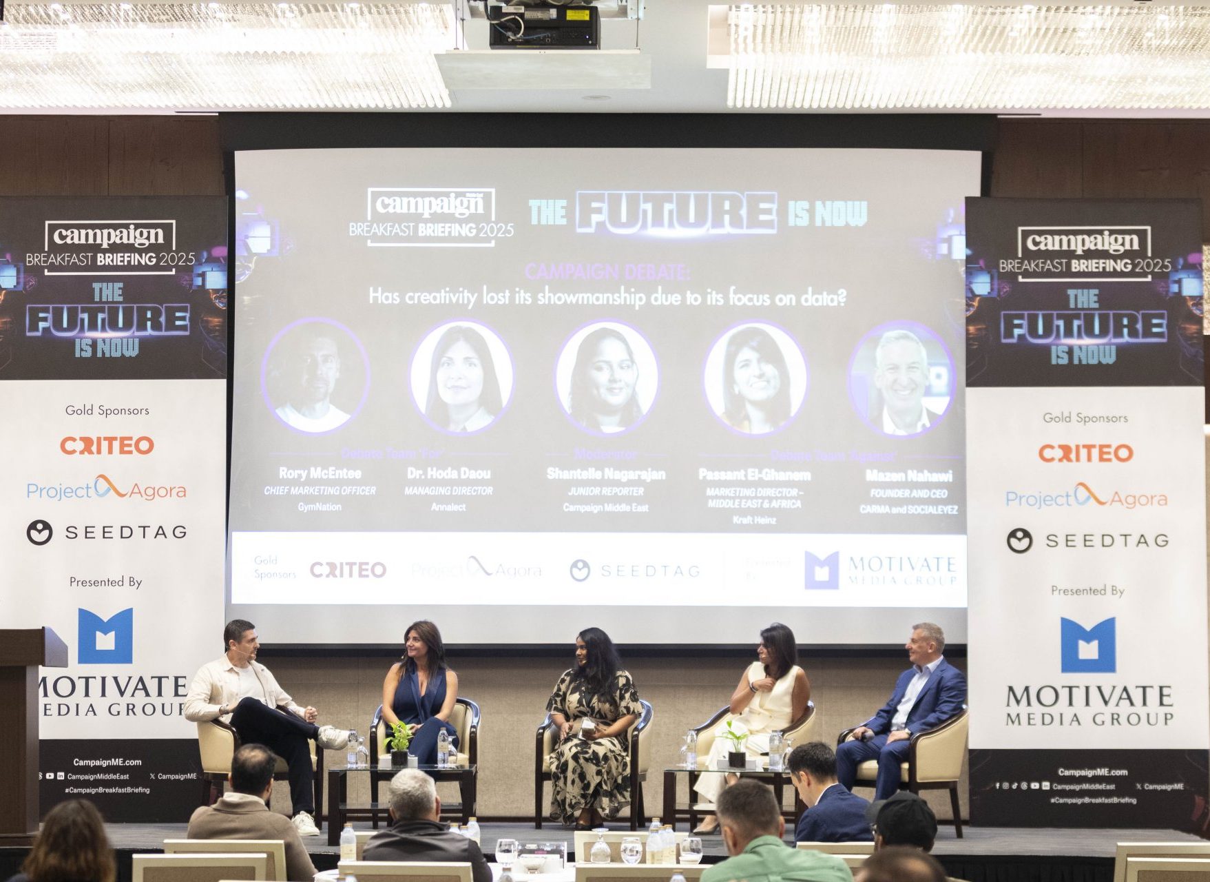 From left, Debate Team ‘For’: Rory McEntee, Chief Marketing Officer, GymNation, and Dr. Hoda Daou, Managing Director, Annalect; moderator, Shantelle Nagarajan, Junior Reporter, Campaign Middle East; Debate Team ‘Against’: Passant El-Ghanem, Marketing Director – Middle East & Africa, Kraft Heinz; and Mazen Nahawi, Founder and CEO, CARMA and SOCIALEYEZ.
