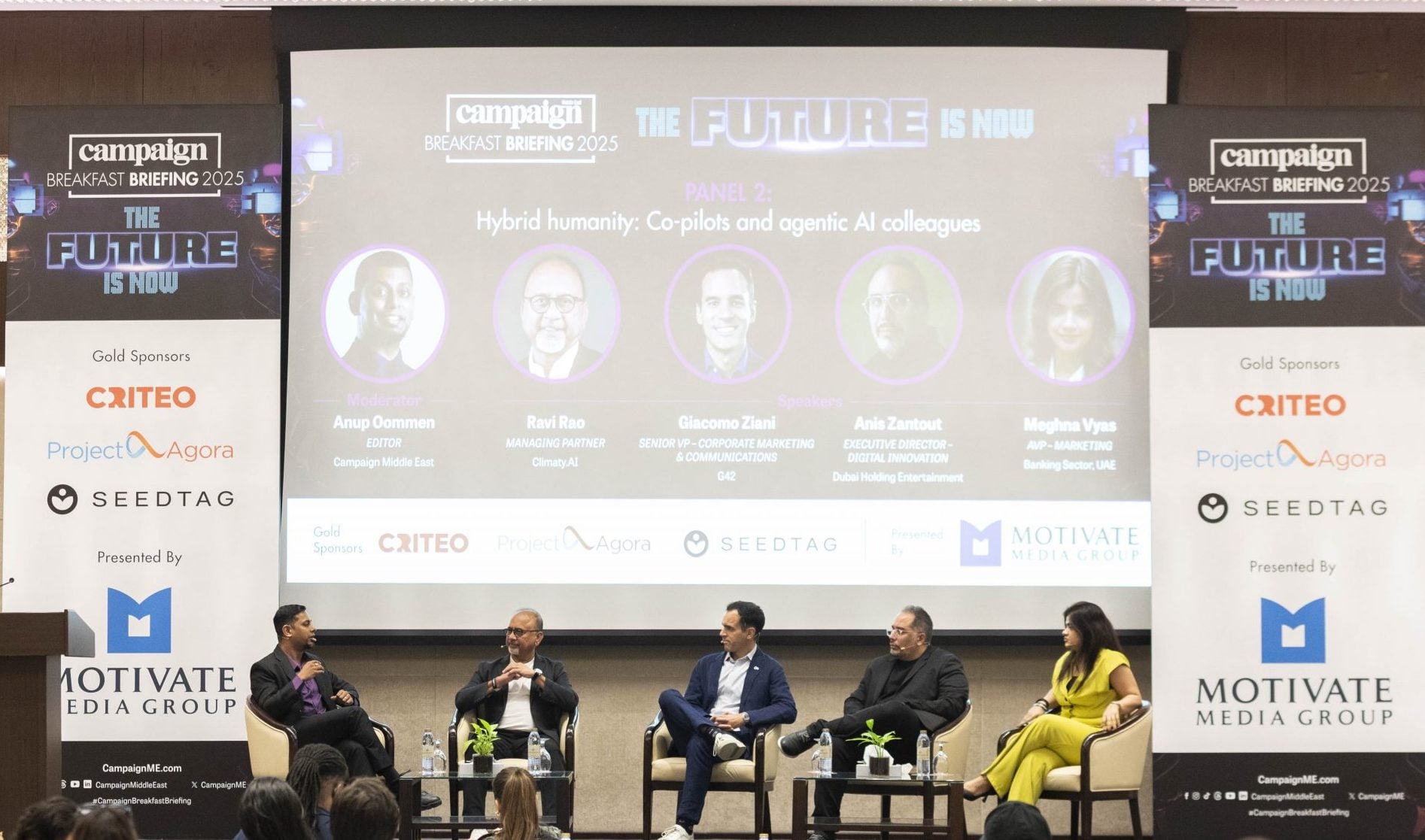 From Anup Oommen, Editor, Campaign Middle East; Ravi Rao, Managing Partner, Climaty.AI; Giacomo Ziani, Senior VP – Corporate Marketing & Communications, G42; Anis Zantout, Executive Director – Digital Innovation, Dubai Holding Entertainment; Meghna Vyas, AVP – Marketing, Banking Sector, UAE.