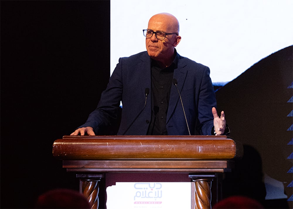 Steve Smith, Executive Director, Dubai Media addresses the audience at the official event announcing Dubai Media's partnership with Livewire.