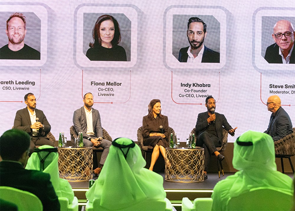 Indy Khabra, Co-Founder and Co-CEO of Livewire, speaks on panel at an official event announcing the partnership with Dubai Media.