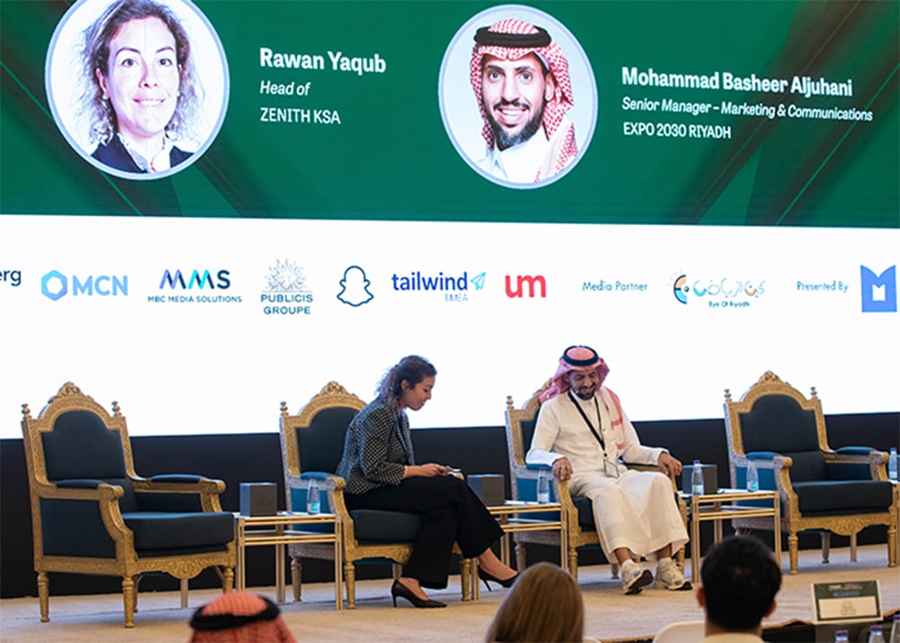 From left, Rawan Yaqub, Head of Zenith KSA, and Mohammad Basheer Aljuhani, Senior Manager – Marketing & Communications, Expo 2030 Riyadh. Campaign Saudi Briefing 2025: Media and Marketing