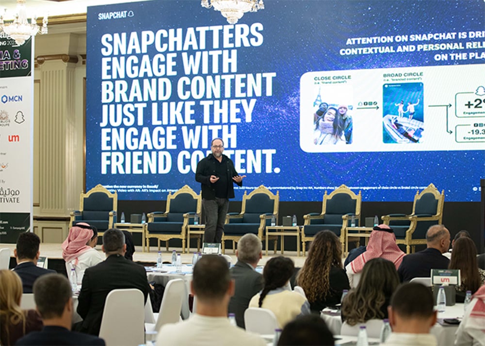 Samer Lahoud, Head of Creative Strategy for MENA, Snap Inc. delivers the keynote address at the event.
