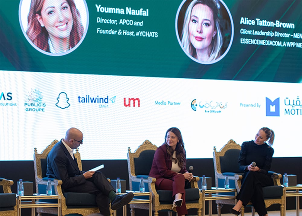 From left, Ali Cuma, Business Director, Bloomberg Media; Youmna Naufal, Director at APCO and Founder & Host of #YChats; and Alice Tatton-Brown, Client Leadership Director – MENA, EssenceMediacom, a WPP Media Brand.