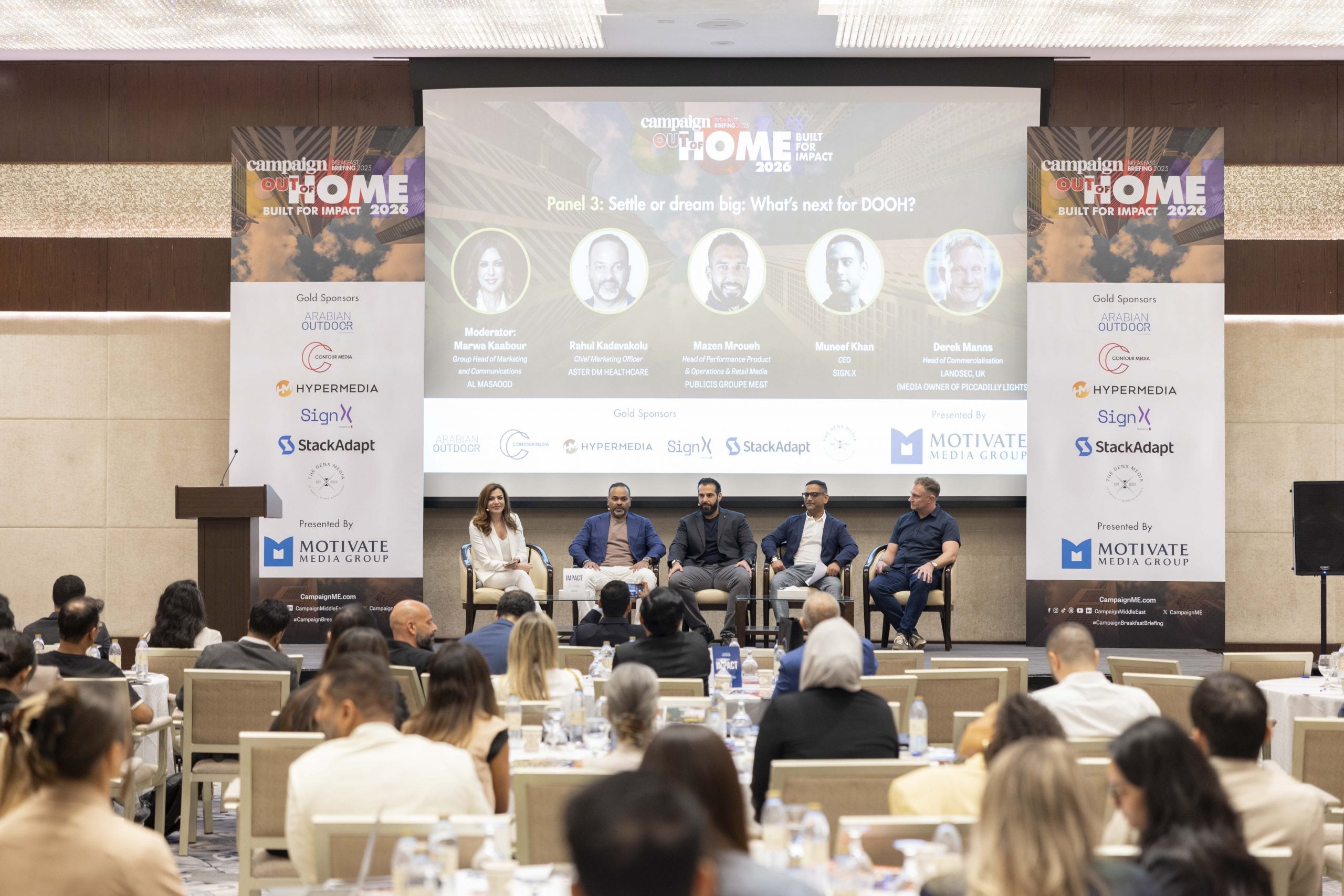 From left, Marwa Kaabour, Group Head of Marketing and Communications, Al Masaood; Rahul Kadavakolu, Chief Marketing Officer, Aster DM Healthcare; Mazen Mroueh, Head of Performance Product & Operations & Retail Media, Publicis Groupe ME&T; Muneef Khan, CEO, Sign.X; and Derek Manns, Head of Commercialisation, Landsec, UK (Media owner of Piccadilly Lights).