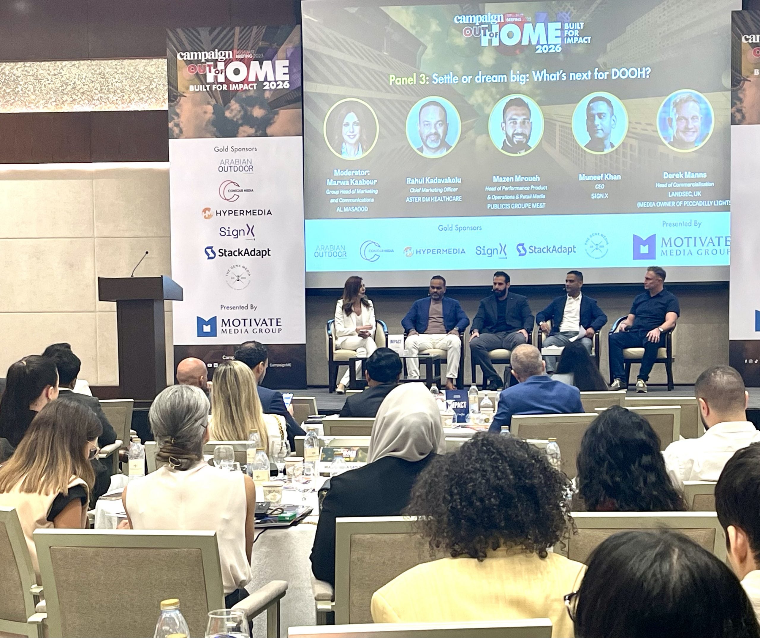 From left, Marwa Kaabour, Group Head of Marketing and Communications, Al Masaood; Rahul Kadavakolu, Chief Marketing Officer, Aster DM Healthcare; Mazen Mroueh, Head of Performance Product & Operations & Retail Media, Publicis Groupe ME&T; Muneef Khan, CEO, Sign.X; and Derek Manns, Head of Commercialisation, Landsec, UK (Media owner of Piccadilly Lights).