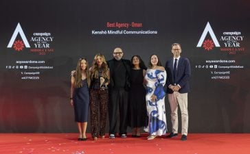 Named Best Agency – Oman for 2025, the Kenshō Mindful Communications team collects its award from Thomas Woodgate, Group Content Director, Motivate Media Group.