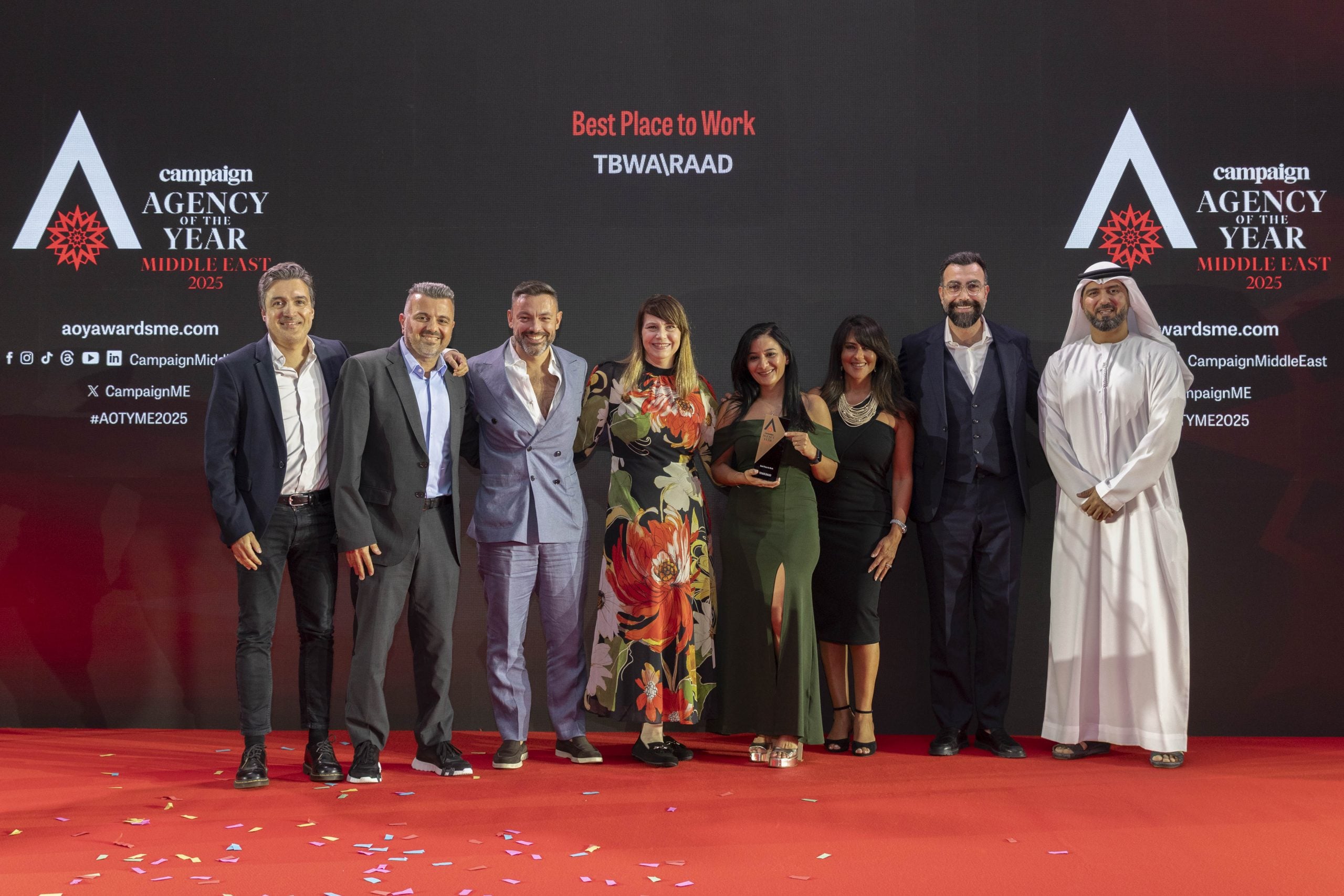 TBWA\RAAD collected the Best Place to Work in 2025 award from Khaled AlShehhi, Executive Director of Marketing and Communication, UAE Government Media Office (far right).
