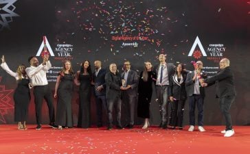 The Assembly team celebrated on stage after being presented with the Digital Agency of the Year 2025 honour by Sherry Mansour, Managing Director – MENAT, Seedtag, category partner of the award.