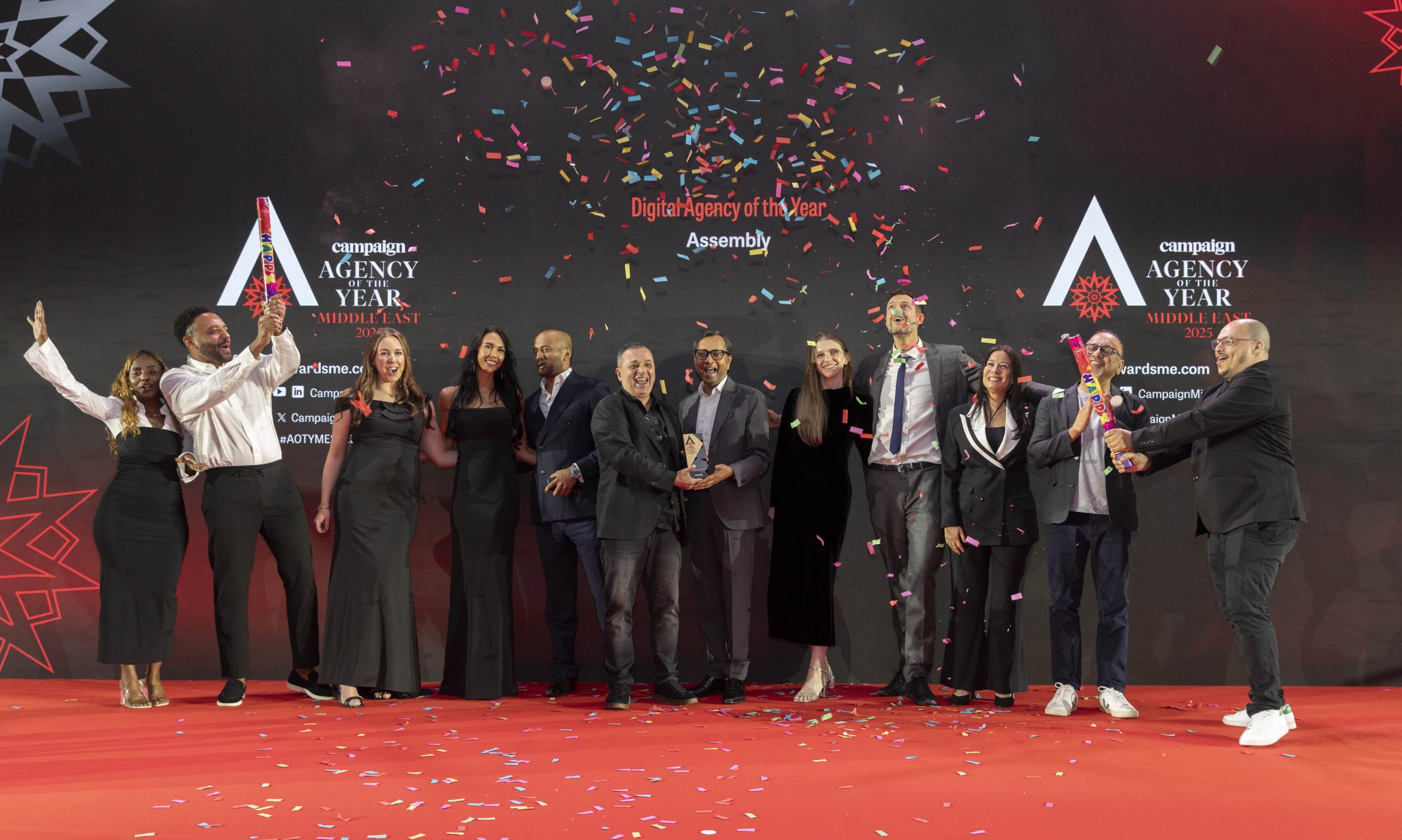 The Assembly team celebrated on stage after being presented with the Digital Agency of the Year 2025 honour by Sherry Mansour, Managing Director – MENAT, Seedtag, category partner of the award.