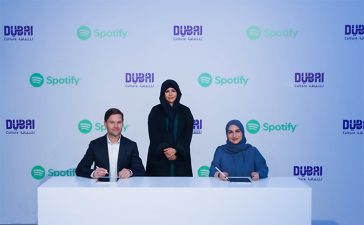 From left to right, Gustav Gyllenhammar, Senior Vice President of Markets and Subscriptions, Spotify; Her Highness Sheikha Latifa bint Mohammed bin Rashid Al Maktoum, Chairperson, Dubai Culture and Arts Authority (Dubai Culture); and Her Excellency Hala Badri, Director General, Dubai Culture and Arts Authority.