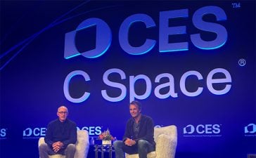 From left, brand leader Jim Stengel with HAVAS Chairman and CEO Yannick Bolloré on the C Space stage at CES 2026 launch AVA.