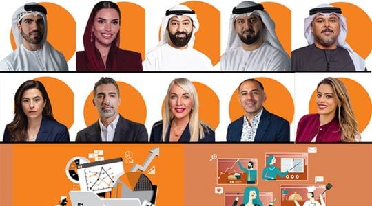 Marketers Top row, from left, Mohamed Al Awadhi, Vice President – Personal Banking Marketing, First Abu Dhabi Bank (FAB); Amina Taher, Chief Marketing Officer, Wio Bank; Ahmad Numan, Director of Marketing and Corporate Communications, Ras Al Khaimah Economic Zone (RAKEZ); Khaled AlShehhi, Executive Director of Marketing and Communication, UAE Government Media Office; Ibrahim Al Mayahi, Vice President – Brand and Marketing Communications, du. Bottom row, from left, Dina Jreissati, Group Executive Director – Marketing and Communications, Modon Holding; Elie Haber, Managing Partner, Fusion5; Sara O’Hara, Group Chief Marketing and Communications Officer, AW Rostamani Group; Ahmed El Sherbini, Chief Executive Officer, Think Human; Christine Najarian, Regional Business Director, Boopin.