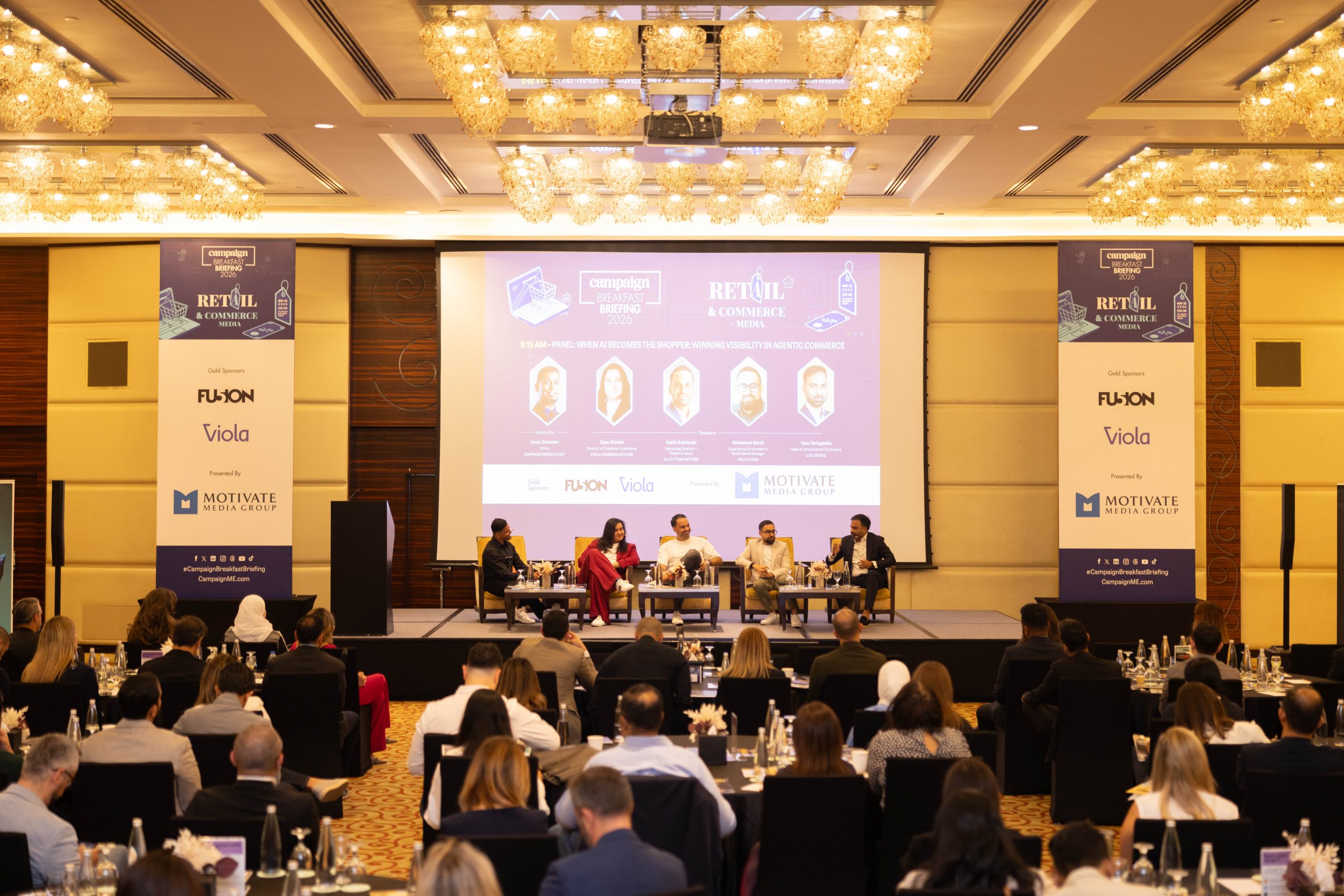 From left, Anup Oommen, Editor, Campaign Middle East; Zoya Shahid, Director of Customer Experience, Viola Communications; Katib Belkhodja, Marketing Director – Toyota & Lexus, Al-Futtaim Motors; Mohamed Mordi, Experience Enrichment & Retail Media Manager, Arla Foods; and Yesu Yarlagadda, Head of Omnichannel Commerce, Lulu Retail.