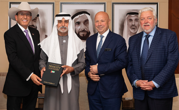 His Excellency Sheikh Nahayan Mabarak Al Nahyan, Minister of Tolerance and Coexistence, UAE, with (from left): Augie K Fabela II, Founder and Chairman of VEON; Kaan Terzioğlu, CEO of VEON Group; and Ian Fairservice, Managing Partner and Group Editor-in-Chief of Motivate Media Group, at the launch of ‘Tenacity: The UAE’s Finest Hour’, published by Motivate Media Group.
