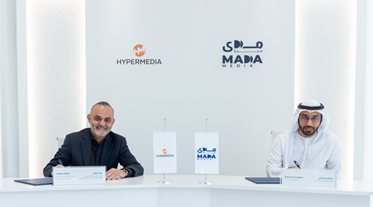From left, Habib Wehbi, Chairman and Group CEO of Hypermedia, and Mansoor Al Sabahi, CEO of Mada Media.